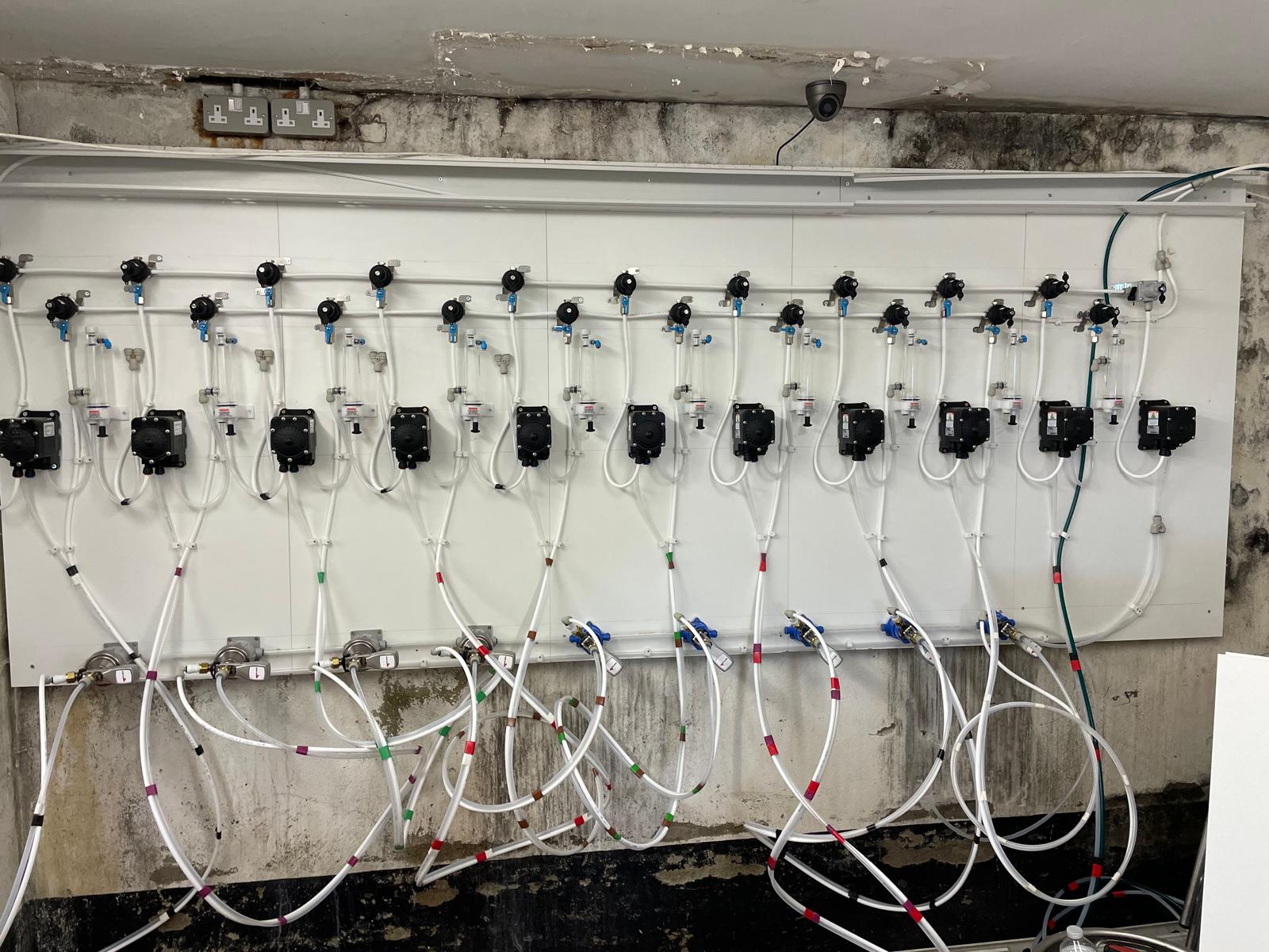 Cellar installation showing multiple regulators and product lines